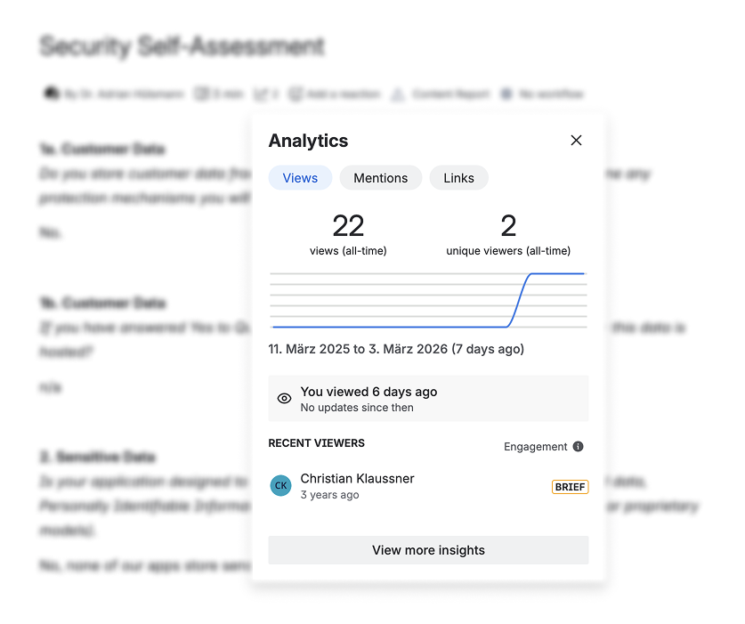 Confluence page insights showing views and analytics