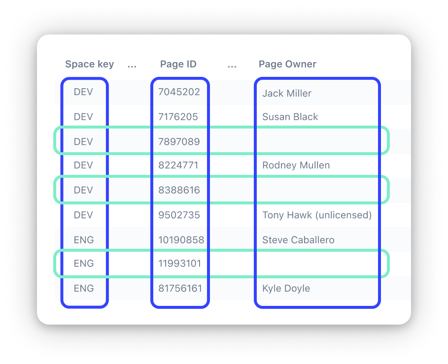 Spreadsheet with columns to identiy pages without page owener