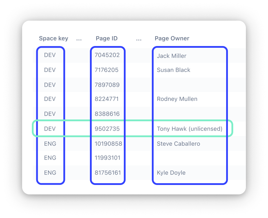 Spreadsheet with columns to identify unlicensed page owners