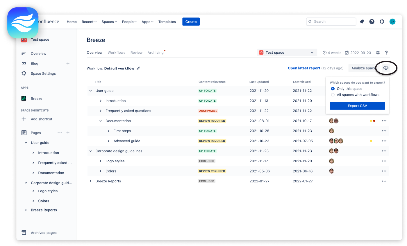 Confluence data can be exported to CSV via the overview component of Breeze