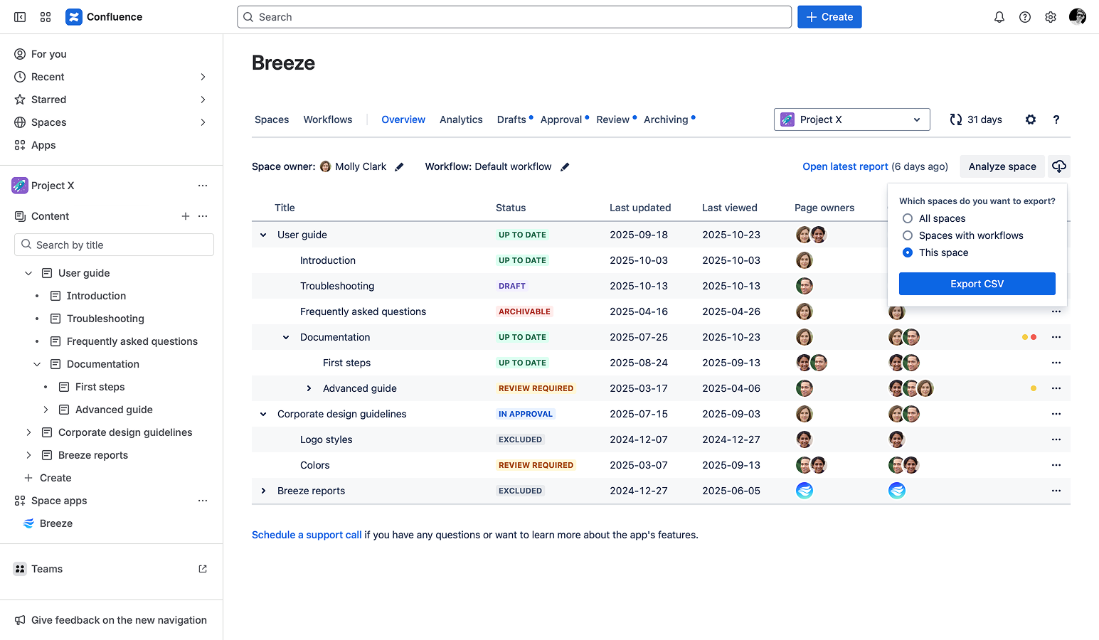The Breeze Overview component showing how to export CSV data