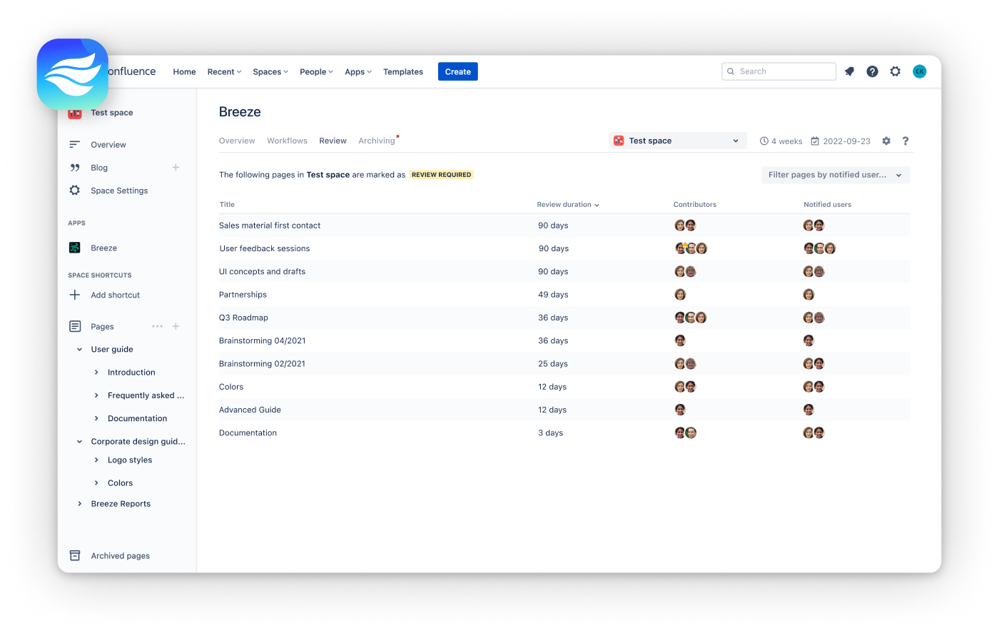 The review component of Breeze - content archiving made simple for Confluence Cloud
