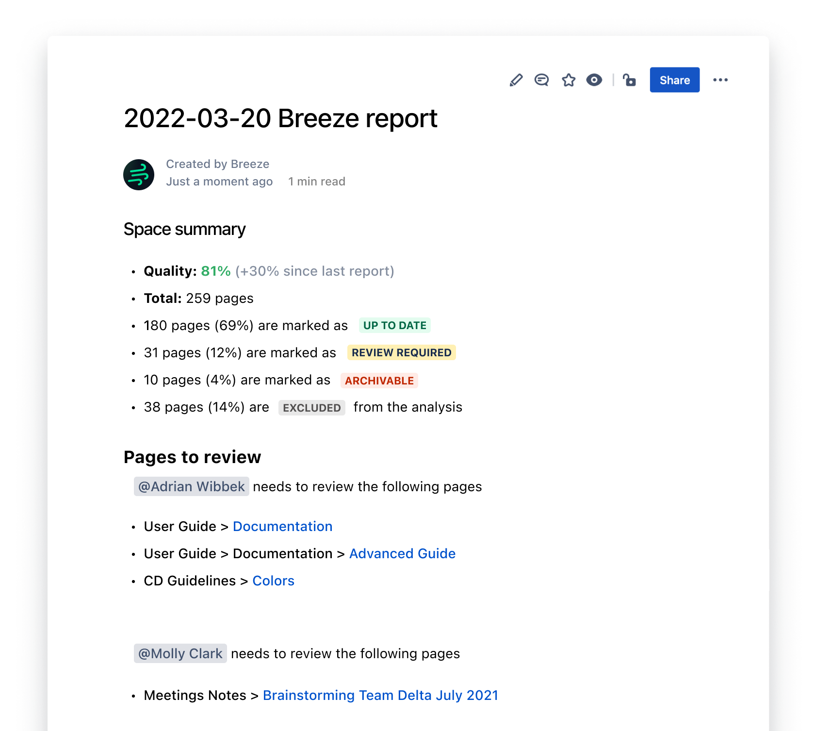 An example of an analysis report containing space metrics and outdated pages to review