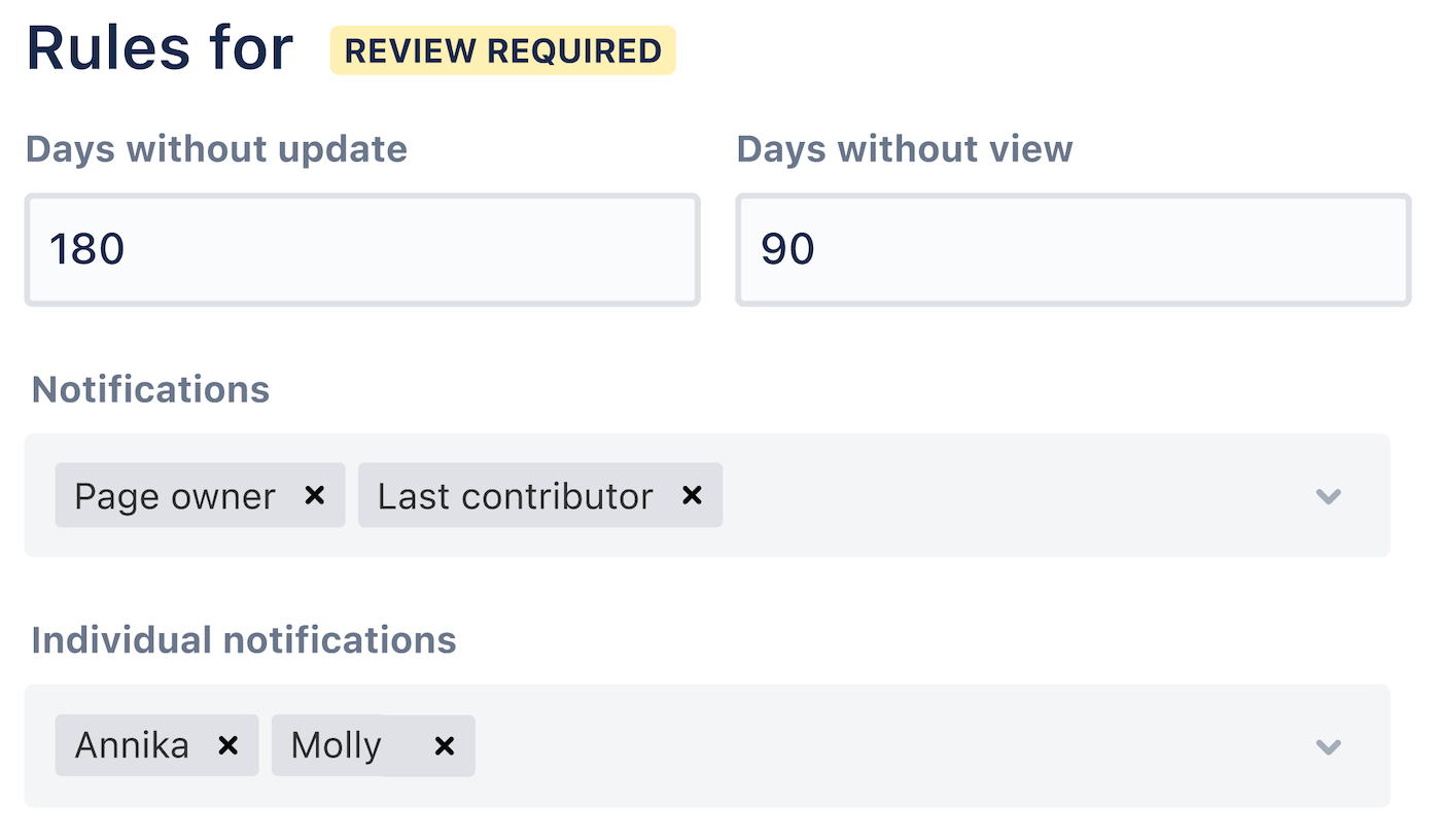 Example rule for assigning the REVIEW REQUIRED label to outdated Confluence pages and notifying responsible persons