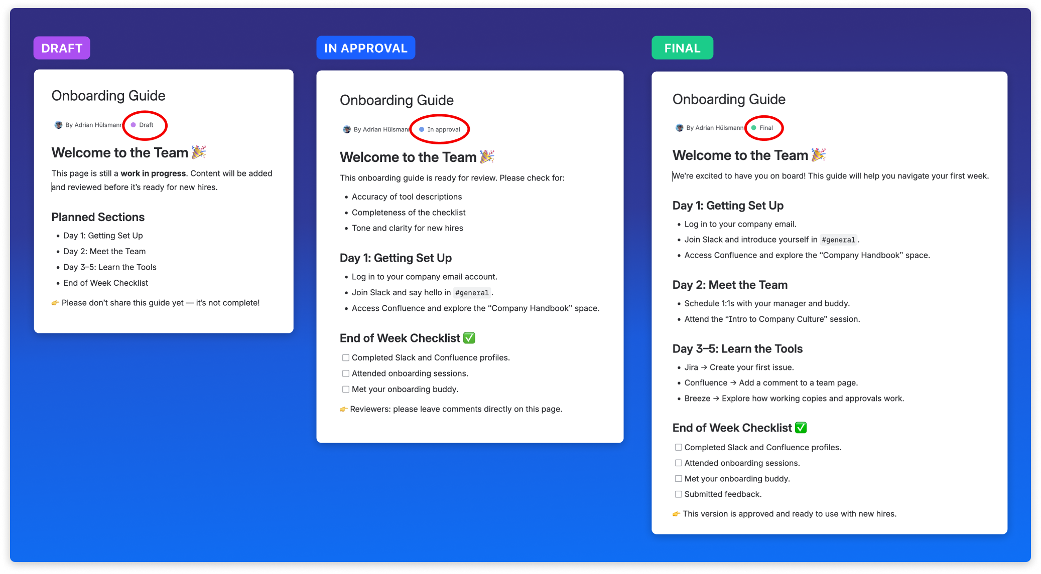 Confluence page statuses