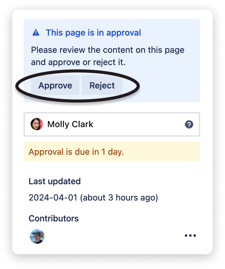 The approval dialog to approve or reject the page