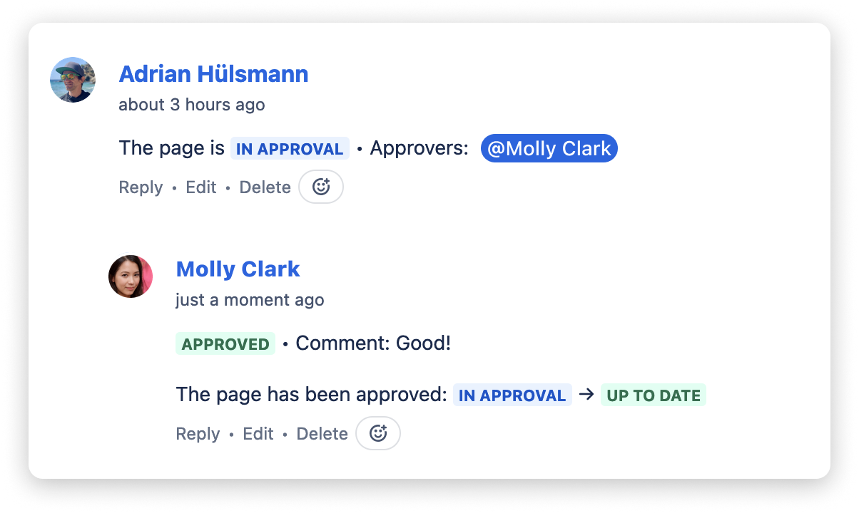 A page comment was added to show that the page is approved