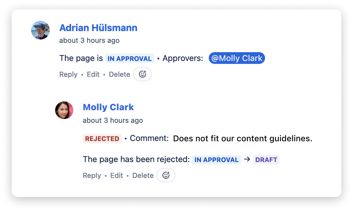 A page comment was added to show that the page is rejected