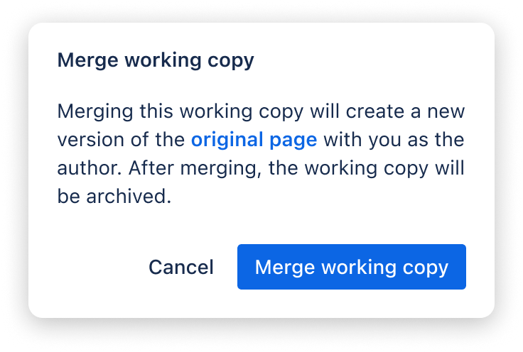 Dialog to merge a working copy into its original page