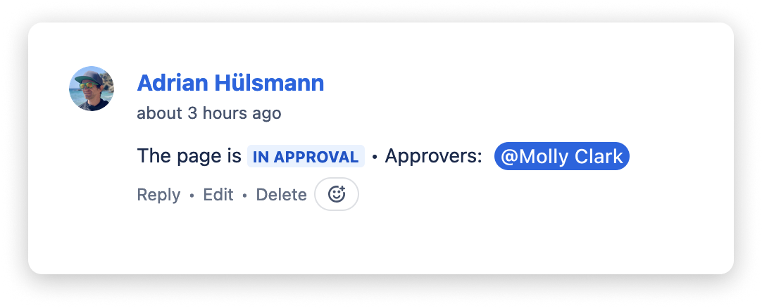 After the request, a page comment is added to show the approval progress