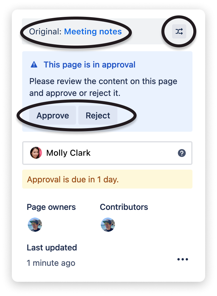 The approval dialog to approve or reject the page