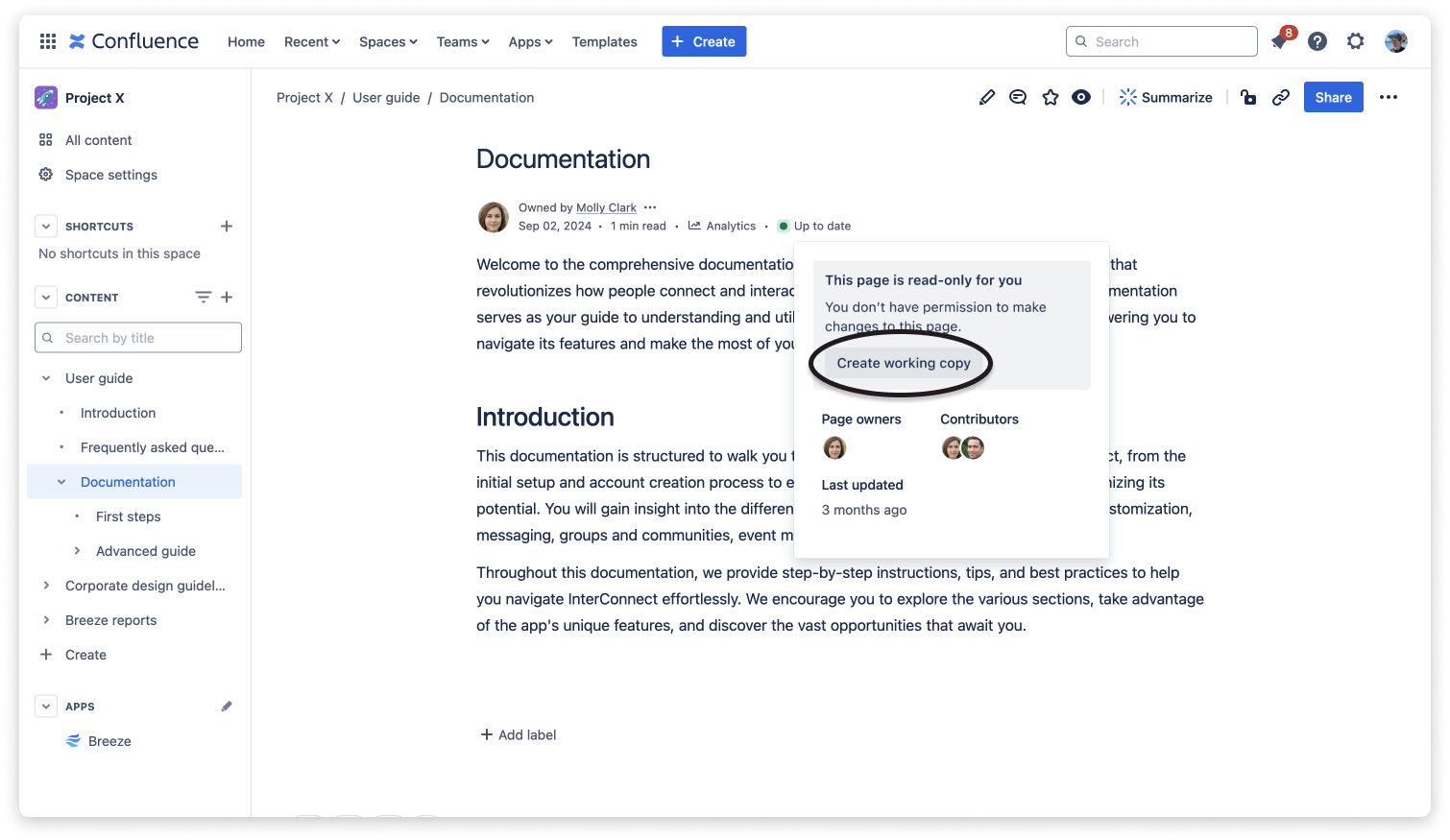 Clicking create working copy as a read-only user