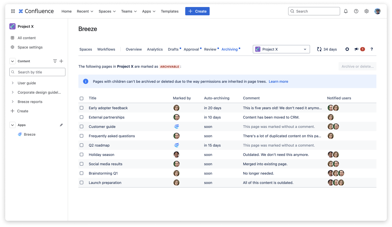 The archiving component of Breeze with enabled auto-archiving