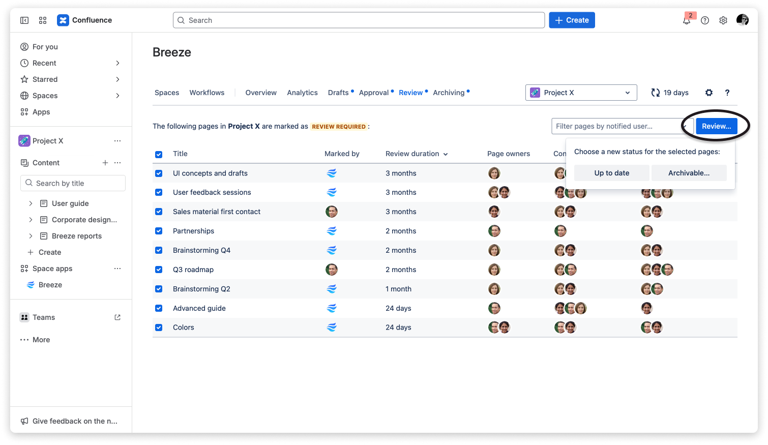 The review component with pages selected for bulk review