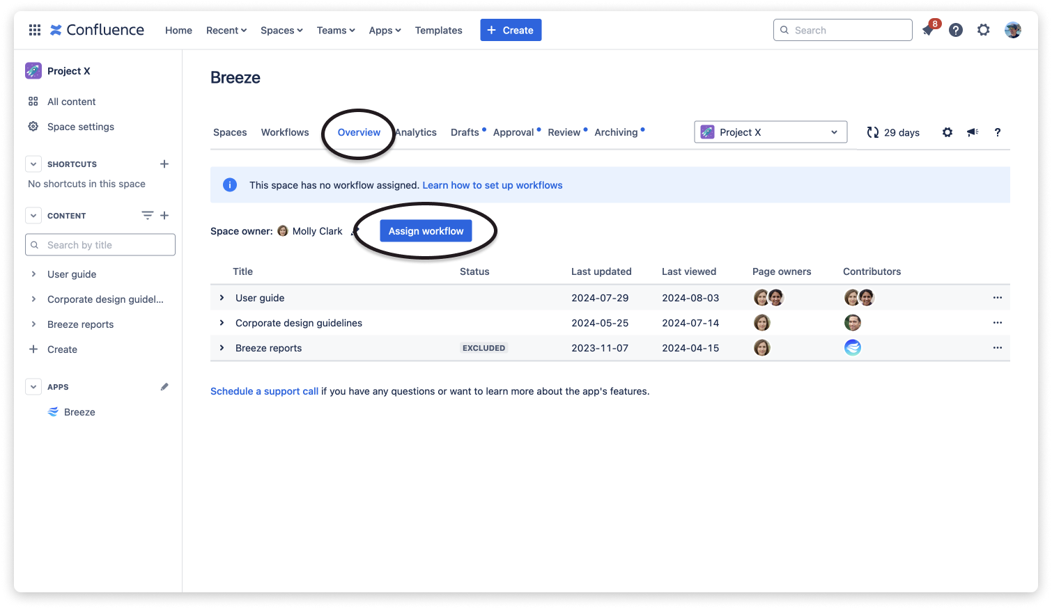 Assignment of a workflow to a space via the Overview component