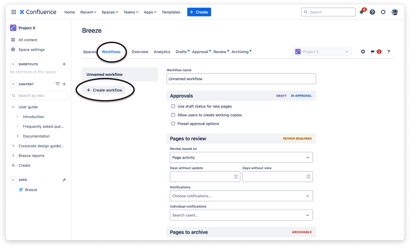 The opened workflow editor of Breeze