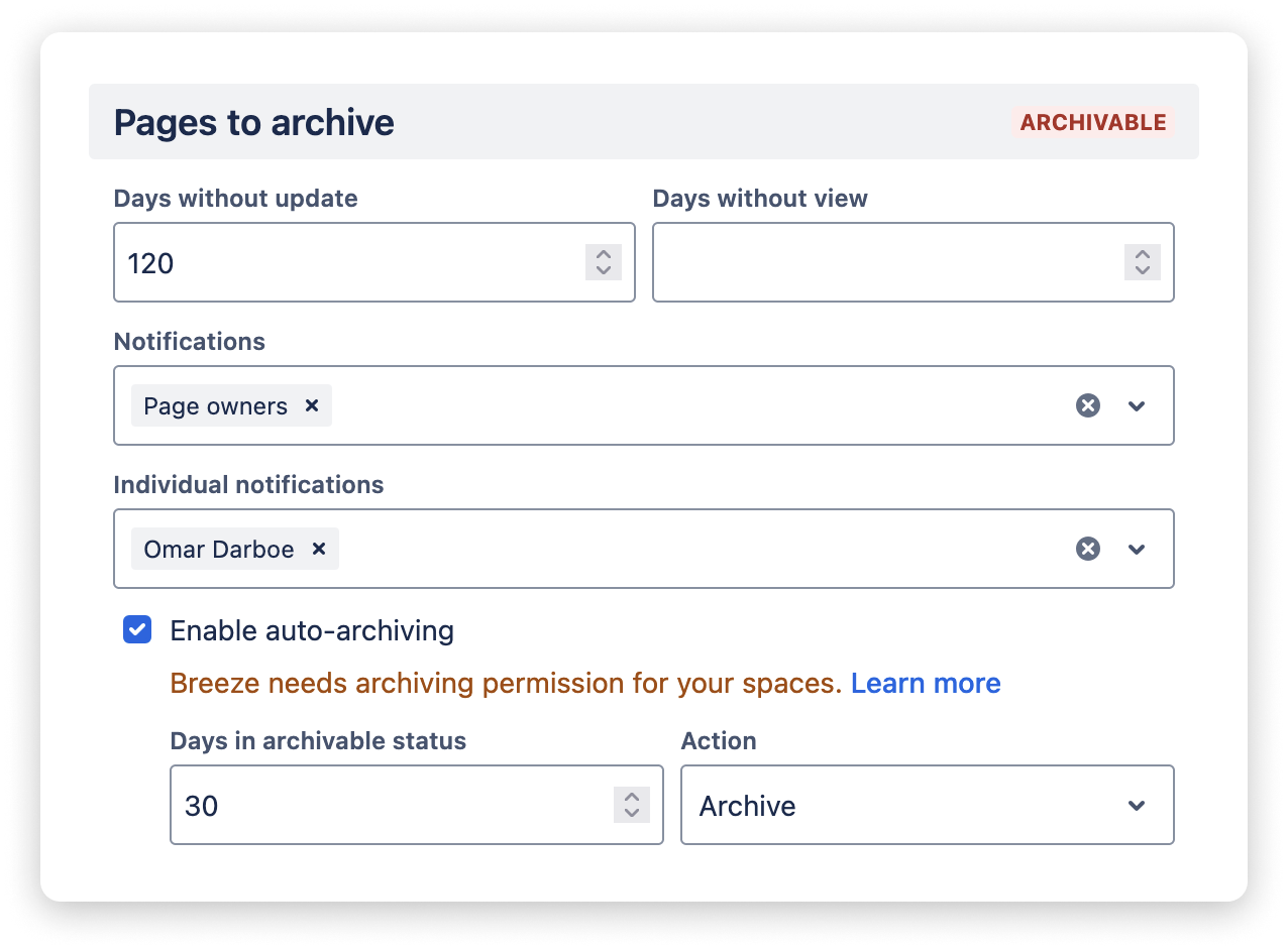 Workflow settings for considering pages as archivable