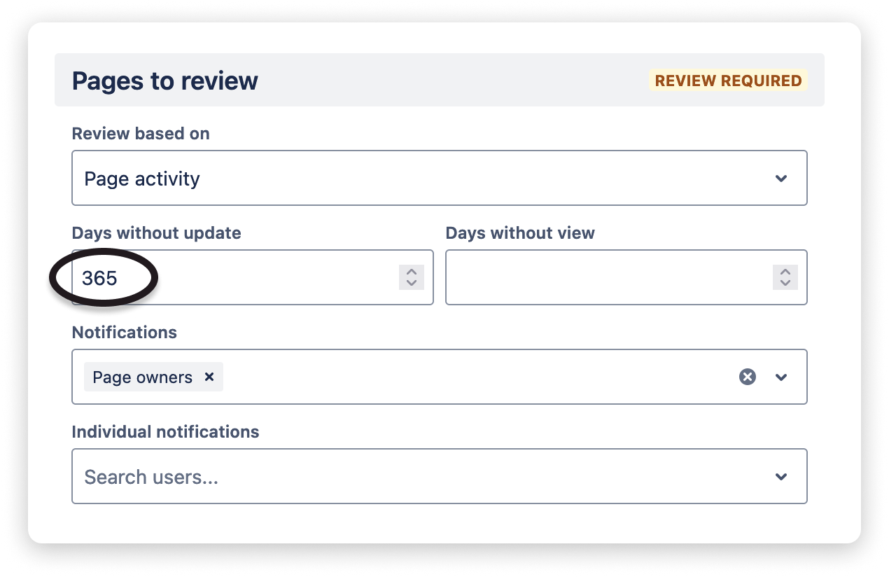 The pages to review section with a higher number for the days without update condition