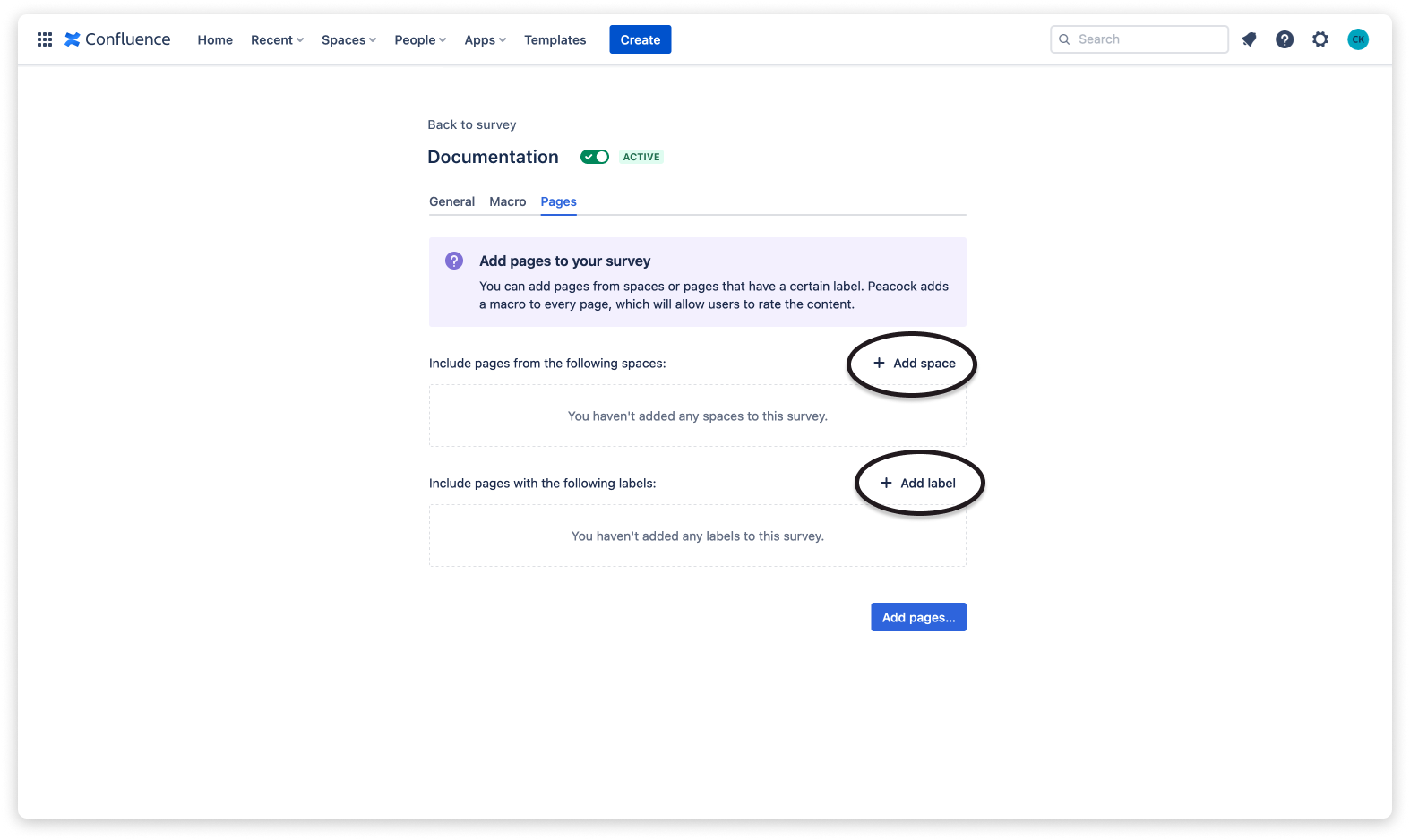 Adding pages via spaces or labels'