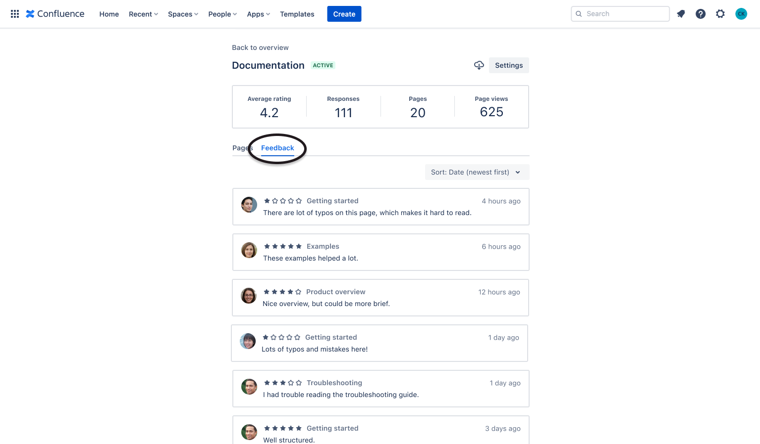 The feedback tab of the details view of a survey